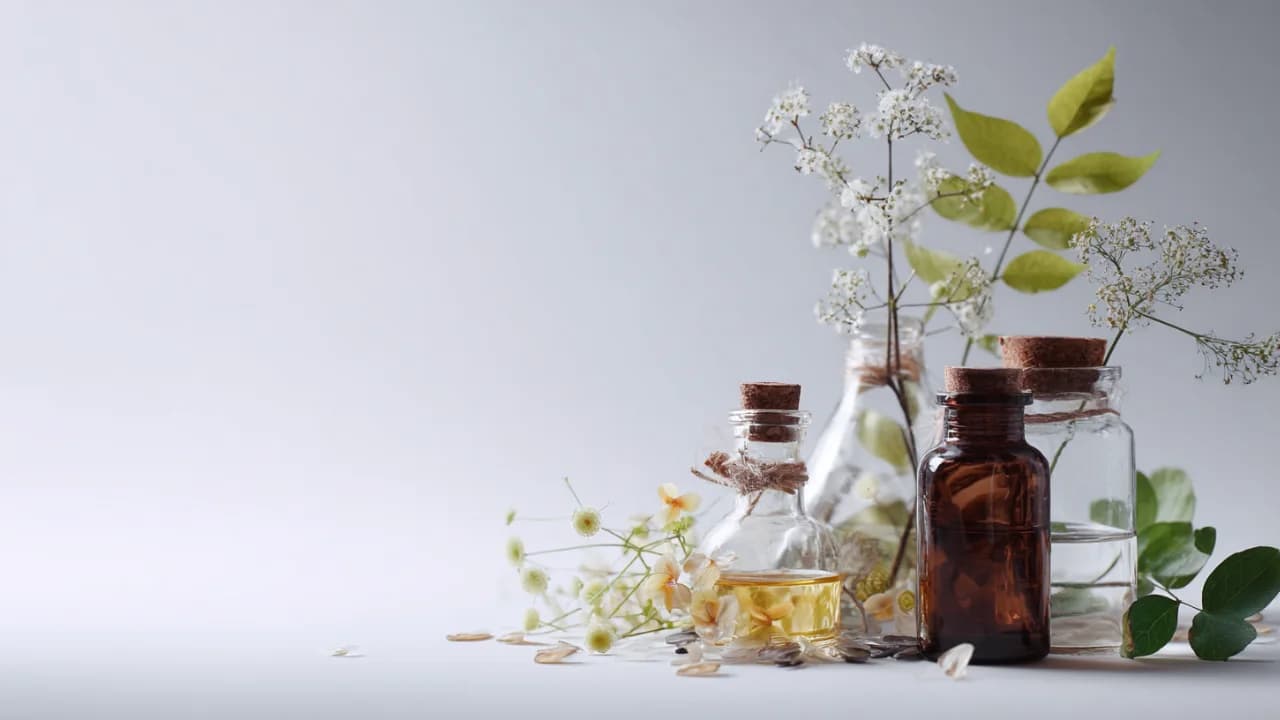 Ingredientes botánicos y frascos de cosmética natural